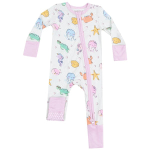 The Angel Dear Baby 2-Way Zipper Romper is made with bamboo viscose, featuring pastel sea animals and starfish prints, pink cuffs, and an asymmetrical neck-to-leg zipper; meets snug-fitting standards.
