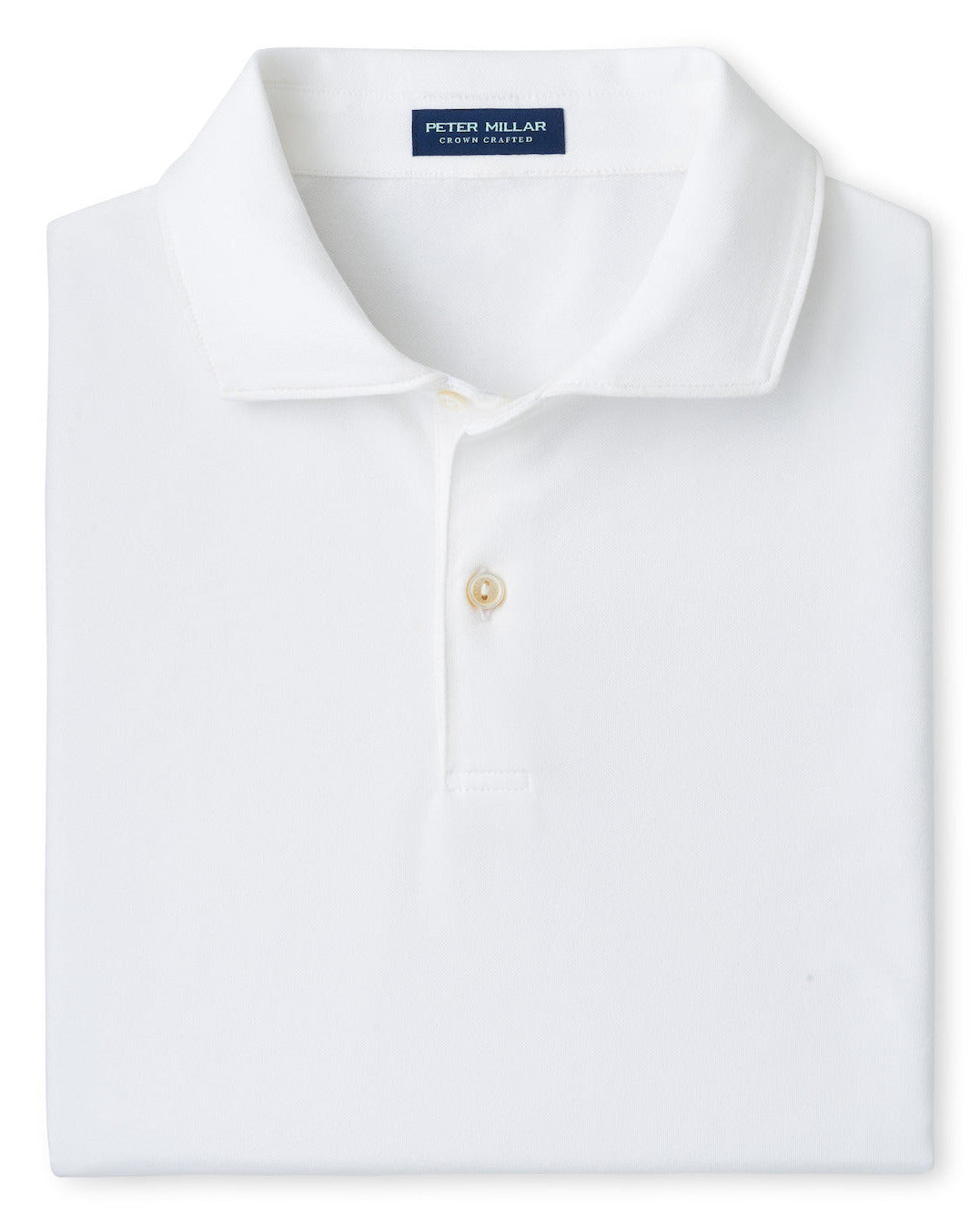 A neatly folded Albatross Cotton-Blend Piqué Polo by Peter Millar in white, featuring a collar, two buttons, soft cotton-blend fabric, and a navy blue Peter Millar label at the neck.