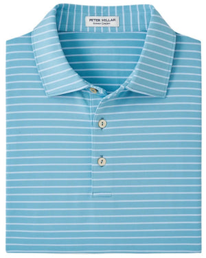 The Peter Millar Drum Performance Jersey Polo, featuring a folded design in light blue and white stripes, includes three buttons and a collar. It is crafted to be moisture-wicking for all-day comfort.