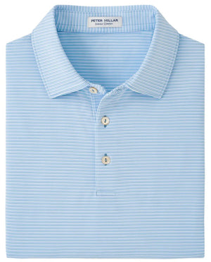 Peter Millar Hanover Performance Jersey Polo in light blue, featuring stripes, a fold-over collar, and three buttons. It is crafted from Summer Comfort fabrication for a breezy feel and is neatly folded.