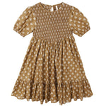 The Girls' Lydia Dress by Rylee & Cru is a brown, short-sleeve dress with a white floral print, shirred bodice, ruffled hem, and gathered skirt—an effortlessly chic smocked style for any occasion.