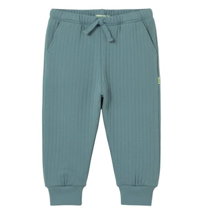 The Cozmo Baby Boys’ Daan Quilted Sweatpant features a ribbed blue-green design with an elastic waistband, drawstring, side pockets, and cuffed ankles for a comfortable fit, displayed flat against a white background.