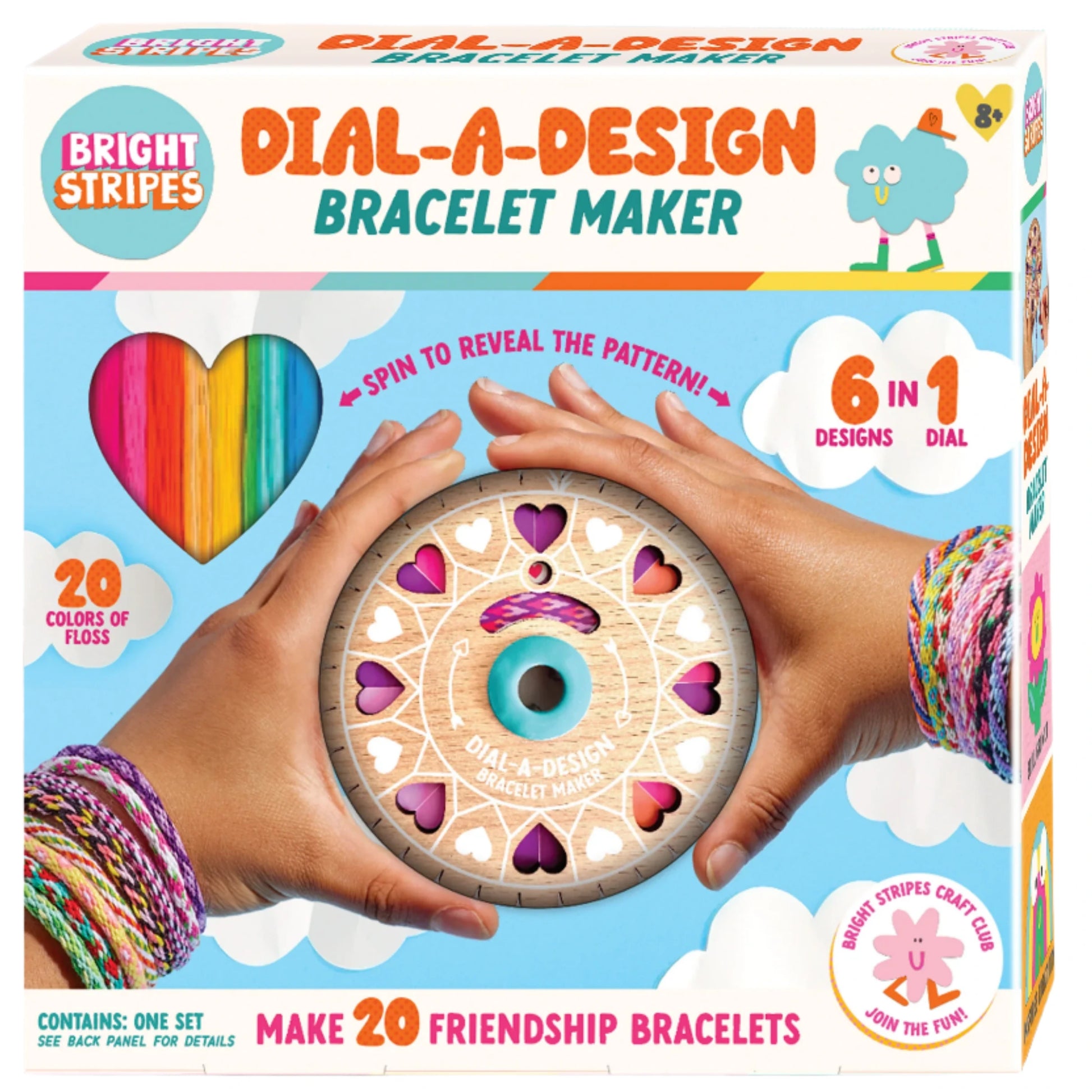 Box of "Bright Stripes Dial-A-Design Bracelet Wheel" with a spinning dial offering 6 patterns and 20 colors, enabling the creation of 20 friendship bracelets.