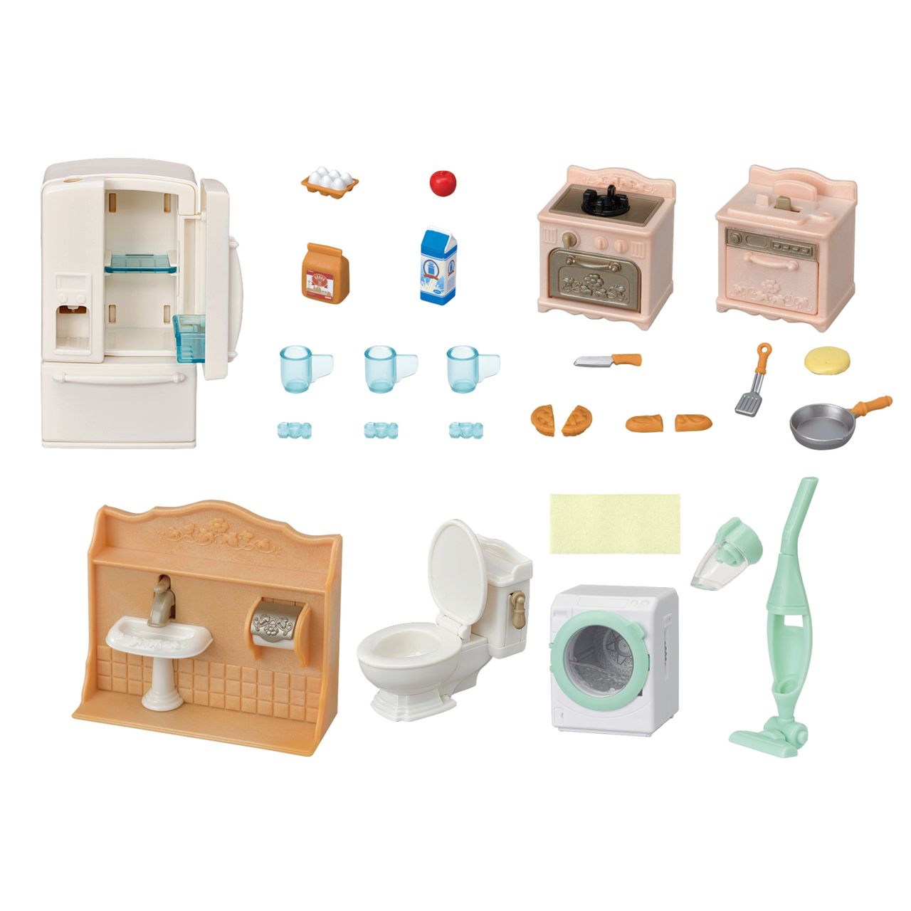 The Calico Critters Playful Starter Furniture Set features miniature kitchen and bathroom appliances, food items, and cleaning supplies—such as a refrigerator, stove, sink, toilet, washer, and vacuum—all arranged on a white background. Perfect for imaginative play, this detailed set inspires creativity as children bring their pretend homes to life with interactive toys.