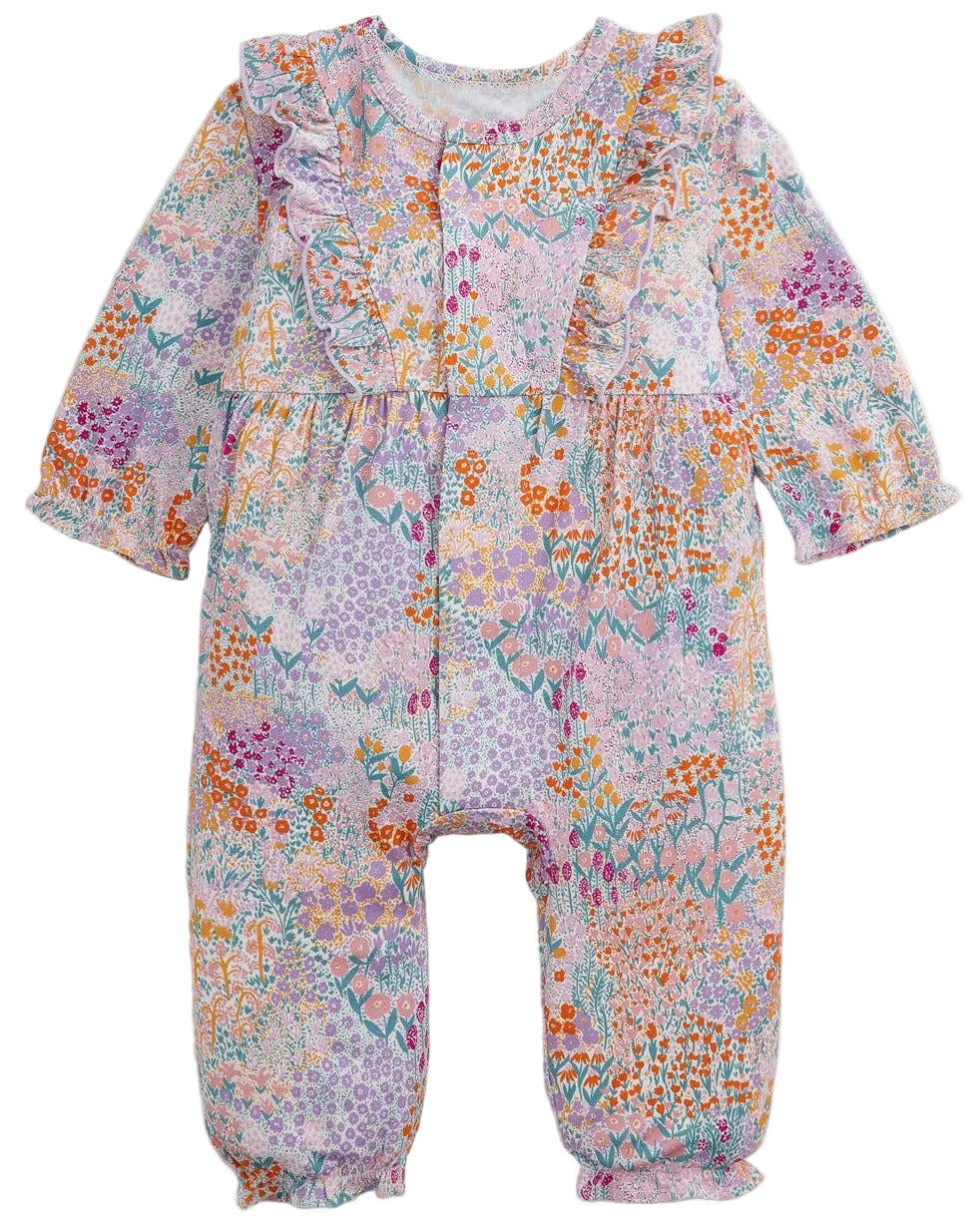 The Magnetic Me Baby Girls’ Arabella Ruffle Romper features long sleeves, ruffled shoulders, a pastel floral print, and easy diaper changes in pink, purple, orange, and green.