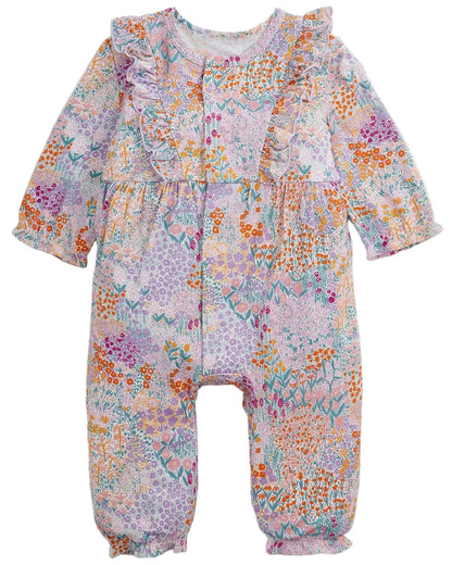 The Magnetic Me Baby Girls’ Arabella Ruffle Romper features long sleeves, ruffled shoulders, a pastel floral print, and easy diaper changes in pink, purple, orange, and green.
