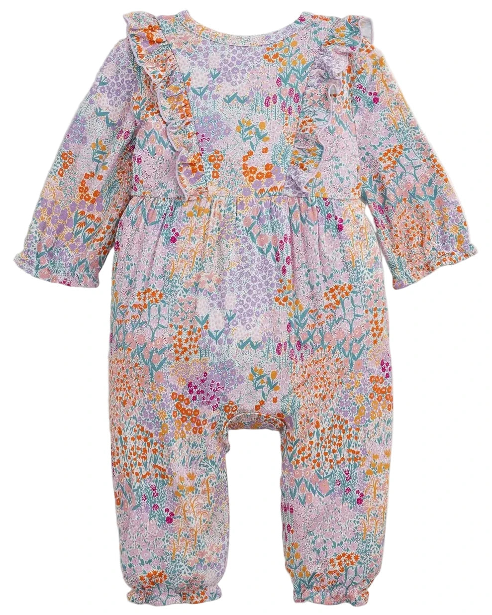The Baby Girls’ Arabella Ruffle Romper by Magnetic Me features long sleeves, ruffled shoulders, and a pastel floral print—designed for easy diaper changes.