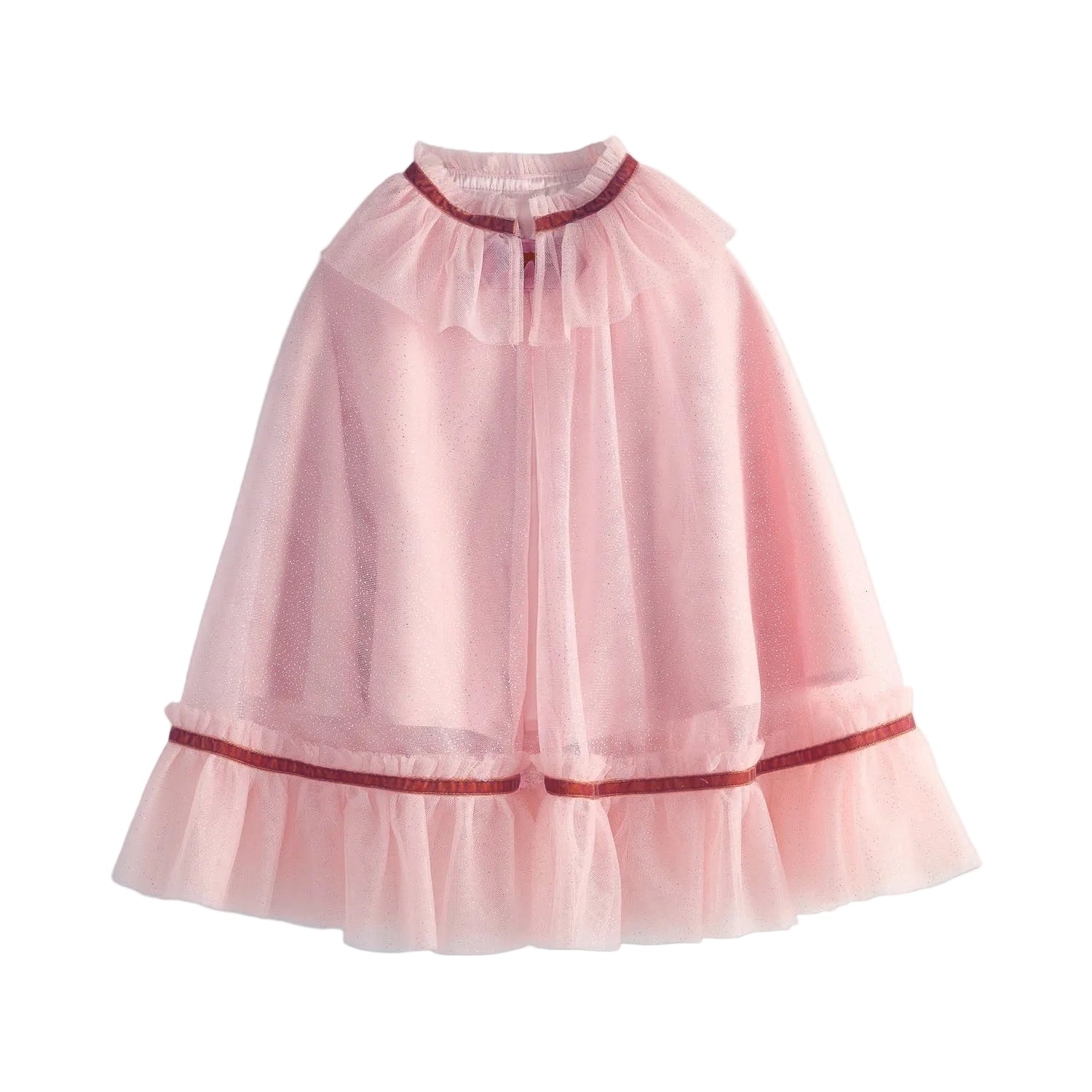 The Fairytale Era Tulle Cape by Magnetic Me is a light pink sheer magnetic cape featuring ruffled edges and a burgundy ribbon detail near the bottom and collar, perfect for costume or pretend play, shown against a white background.