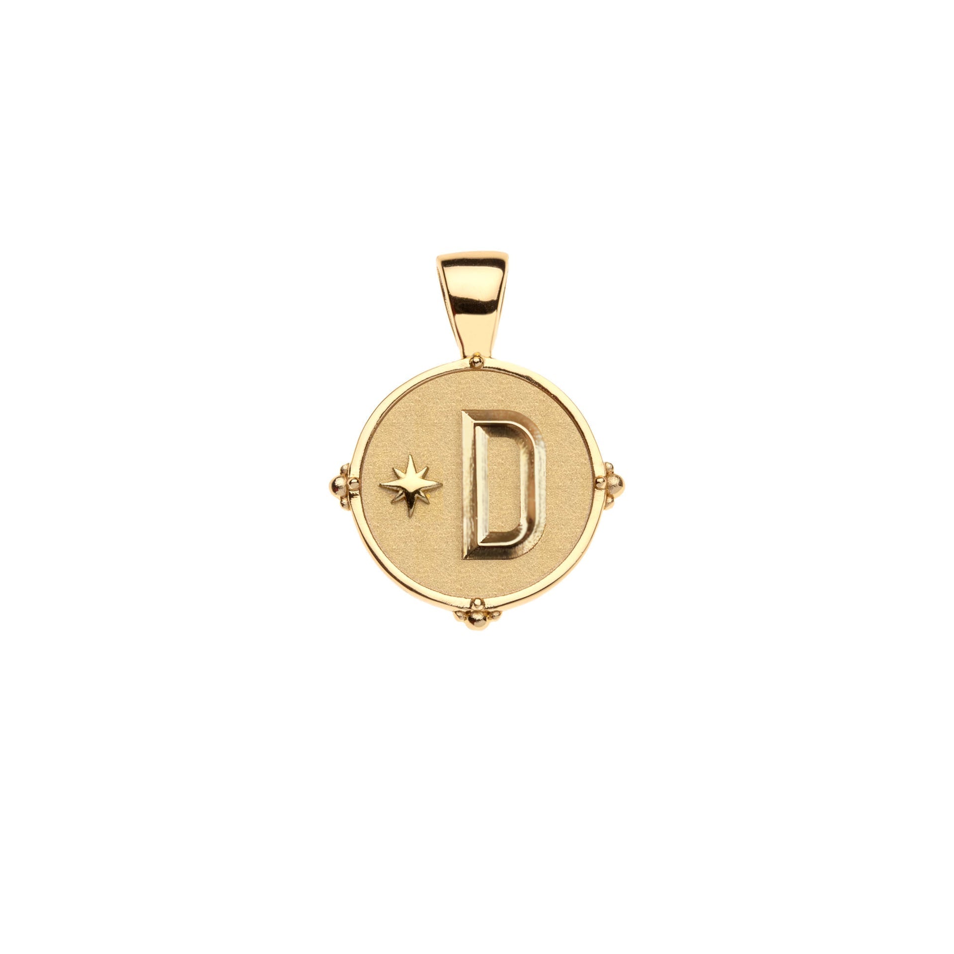 Jane Win Letter Pendant Satellite Necklace Collection: 14k gold pendant with letter "D" and a star on a matte round surface with a top loop—ideal for personalized necklaces or pairing with your favorite beaded satellite chain.
