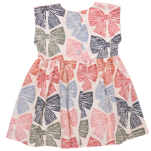 The Pink Chicken Girls' Adaline Dress features a sleeveless design with a gathered waist and large multicolored striped bows on a white background—a playful favorite for stylish little ones.