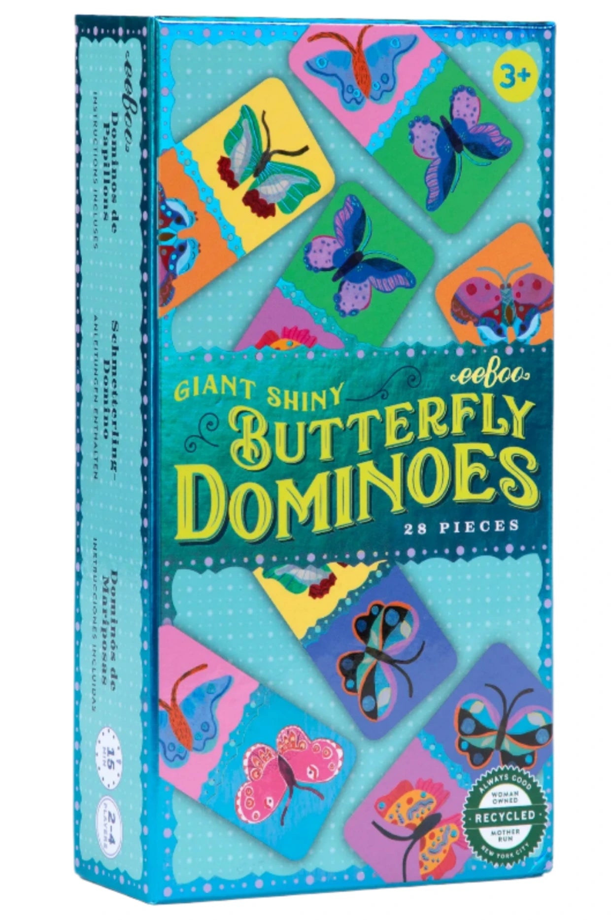 Eeboo’s Giant Shiny Butterfly Dominoes set includes 28 colorful pieces with butterfly illustrations, ideal for ages 3+ and perfect for family game nights or domino fans.