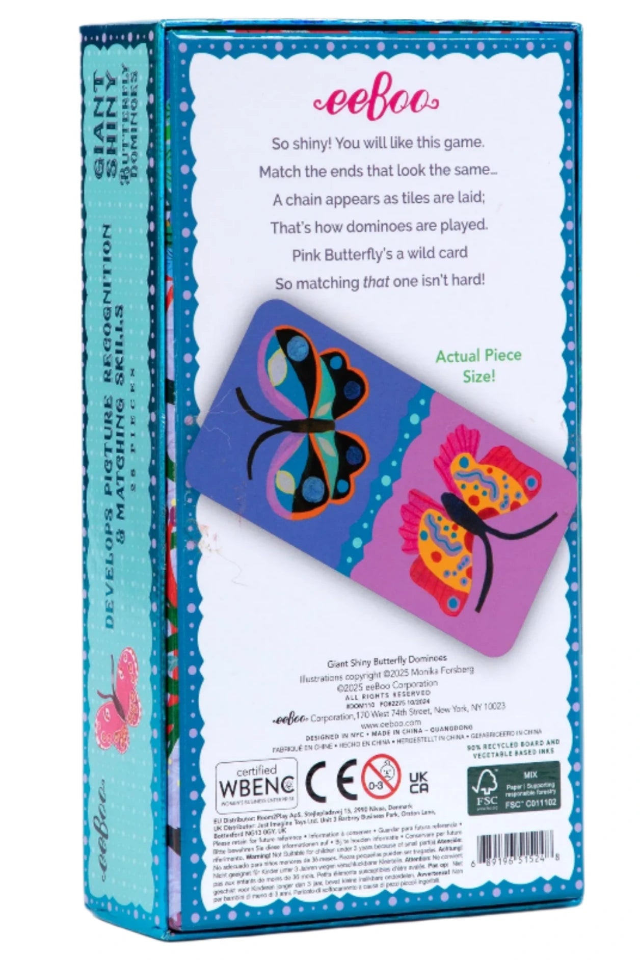 Back of an Eeboo Giant Shiny Butterfly Dominoes box featuring a family game description, a sample domino with vibrant butterfly designs, and key product info. Great for butterfly domino fans!.