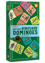 Eeboo’s Giant Shiny Dinosaur Dominos features colorful dinosaur art and shiny holographic foil. This educational toy is suitable for ages 3 and up.