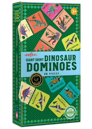 Eeboo’s Giant Shiny Dinosaur Dominos features colorful dinosaur art and shiny holographic foil. This educational toy is suitable for ages 3 and up.