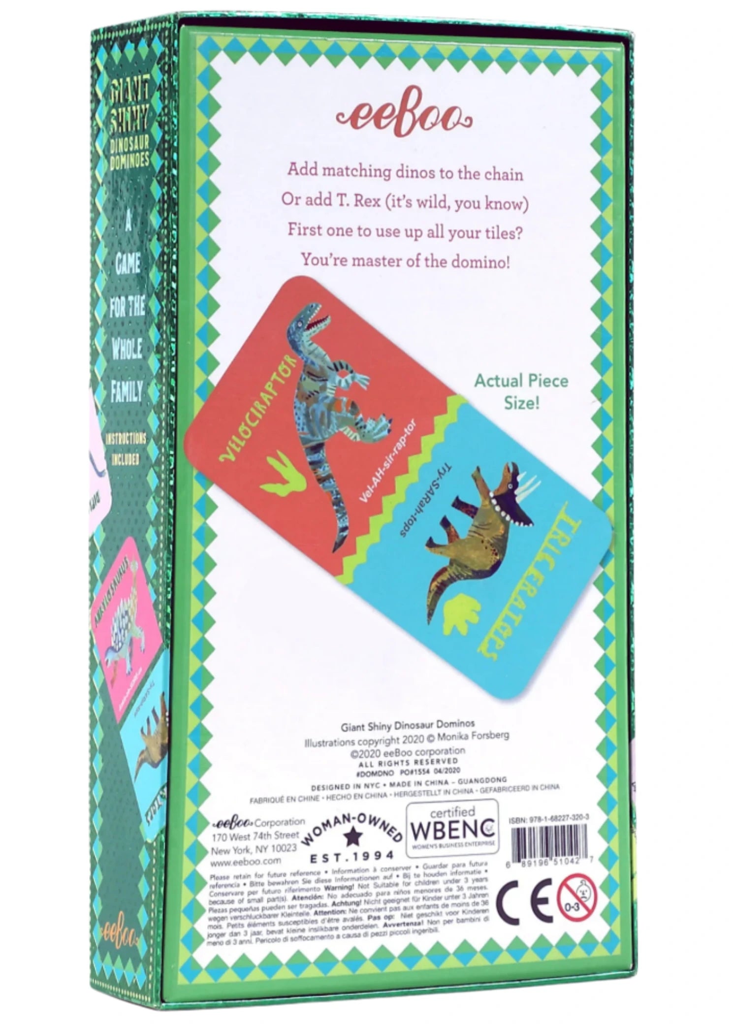 The back of the Eeboo Giant Shiny Dinosaur Dominos box shows simple instructions, sample dominoes with shiny holographic dinosaurs, and company info—making it a visually appealing and educational toy.