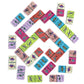 Eeboo’s Giant Shiny Dinosaur Dominos feature eye-catching holographic foil accents and colorful, geometric patterns on a white background, making them a fun and educational toy for kids.