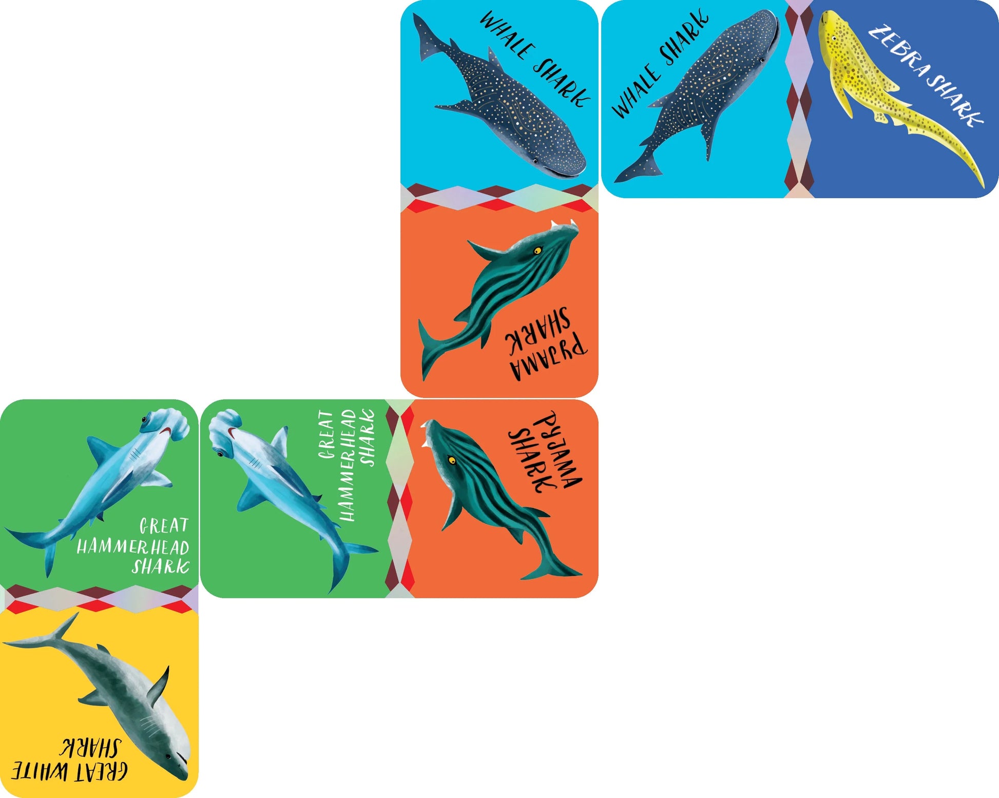 Eeboo’s Giant Shiny Shark Dominoes features seven illustrated domino-style cards with shark species like whale shark and great hammerhead, arranged in an L-shape for a fun marine-themed family or kids matching game.