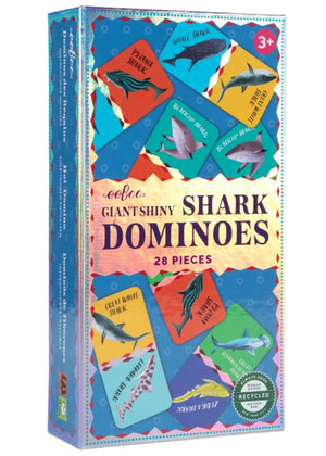 Eeboo Giant Shiny Shark Dominoes is a kids' matching game with 28 illustrated shark dominoes, perfect for ages 3 and up—a fun addition to any family board game collection.