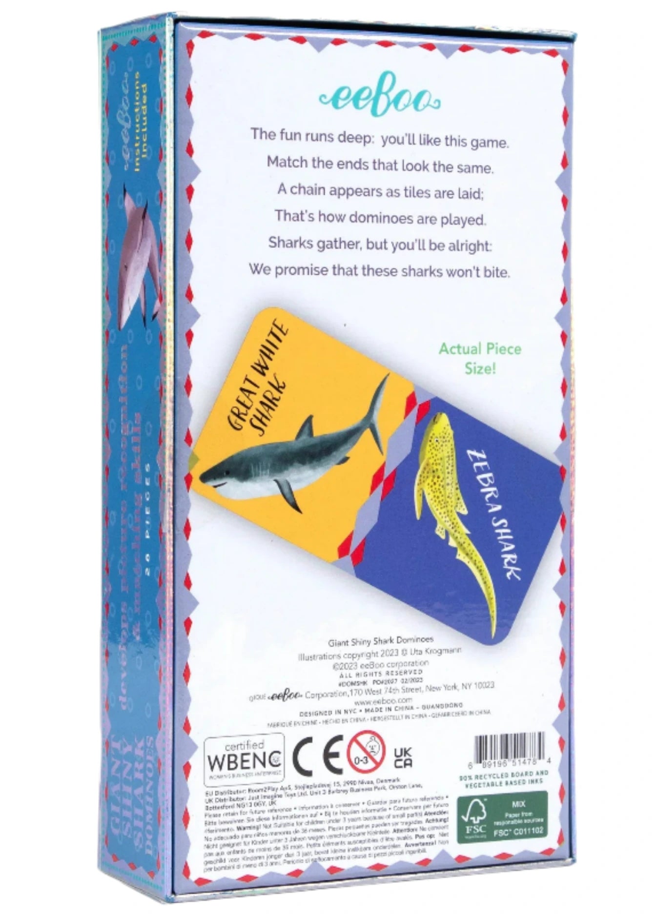 Back of the Eeboo Giant Shiny Shark Dominoes box showing two dominoes—a great white shark and a zebra shark—plus game instructions and company details. A fun family matching game!.