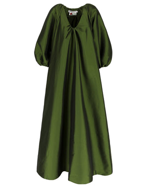 Dark green Bernadette George Dress featuring a V-neckline and voluminous three-quarter length puffed sleeves.