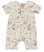 The Baby Walker Terry Onesie by Timo & Violet is a short-sleeve organic cotton romper with charming animal and nature prints, featuring front buttons and convenient snap closures at the bottom—an adorable, eco-friendly choice for baby clothes.
