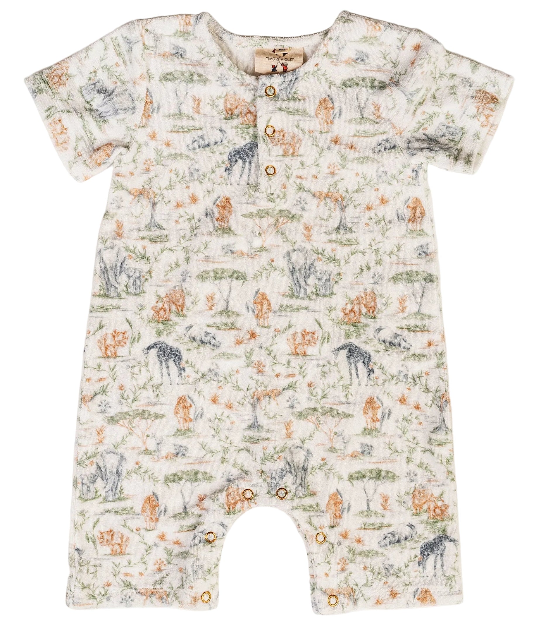 The Baby Walker Terry Onesie by Timo & Violet is a short-sleeve organic cotton romper with charming animal and nature prints, featuring front buttons and convenient snap closures at the bottom—an adorable, eco-friendly choice for baby clothes.