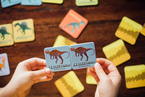 Two hands hold matching "Ceratosaurus" cards above a table with more cards from the Eeboo Dinosaurs Memory & Matching Game scattered around.