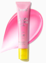 A pink tube of Supergoop Glow Gloss Lip Balm SPF 40 is shown with a swatch behind it on a white background, ideal for ultra-hydrated lips and a non-sticky finish.