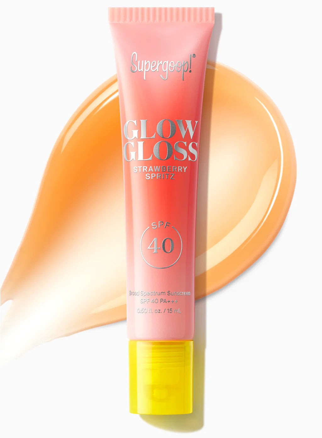 A tube of Supergoop Glow Gloss Lip Balm SPF 40 appears with a peach swatch in the background, showcasing this glossy balm for ultra-hydrated lips and a comfortable, non-sticky finish.