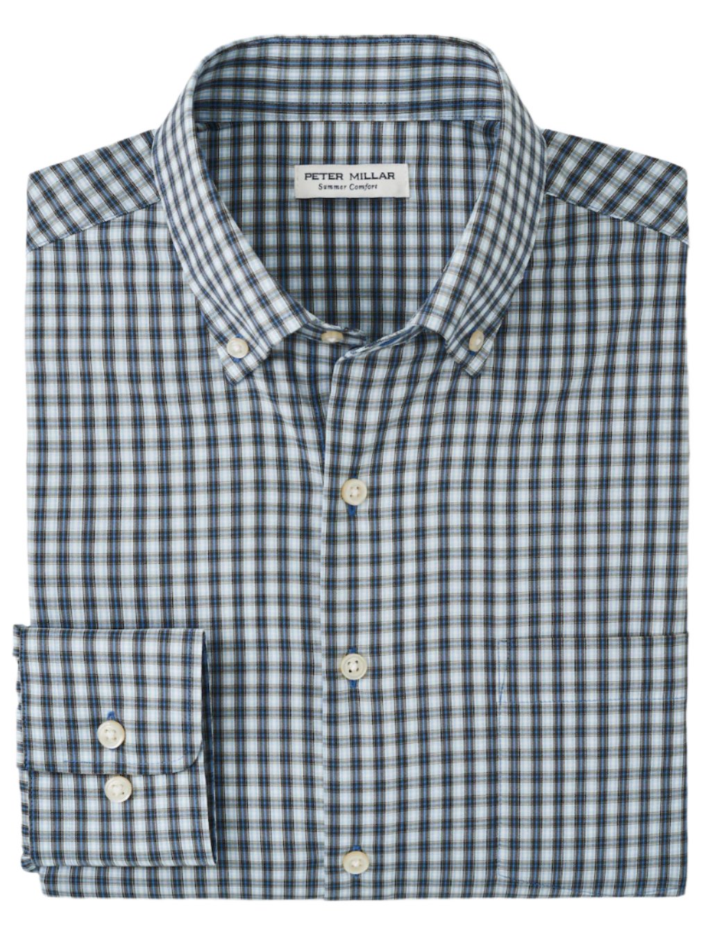 The Peter Millar Prairie Performance Twill Sport, a long-sleeve shirt in blue and white checkered pattern with a button-down collar, includes a label inside the neck and provides UPF 50+ sun protection for enhanced safety in the sun.