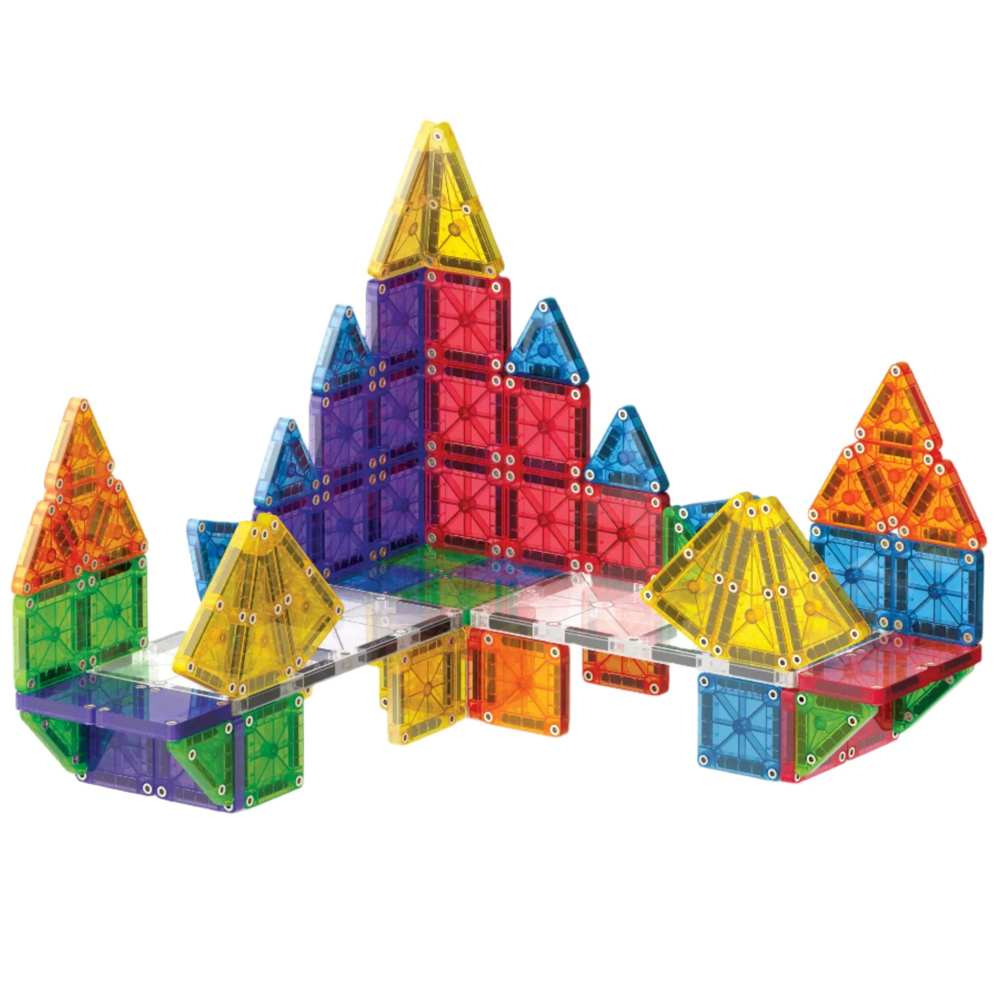 A box of "MAGNA-TILES® MicroMAGS 70-Piece Deluxe Set" from Magnatiles with colorful magnetic tiles arranged into various structures. The box highlights its new micro size and is suitable for ages 3 and up, perfect for creative magnetic building fun.