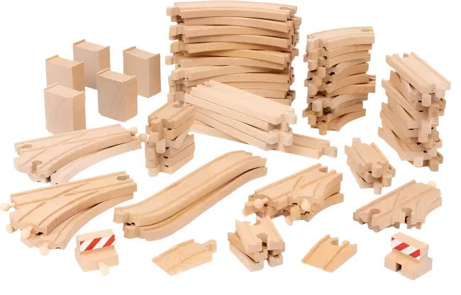 Introducing the BRIO Deluxe Track Pack by Brio, a set of wooden railway pieces designed for your BRIO World train sets. This pack includes straight and curved tracks, connectors, and block accessories, making it perfect for expanding your train track layout while sparking creativity and endless adventures.