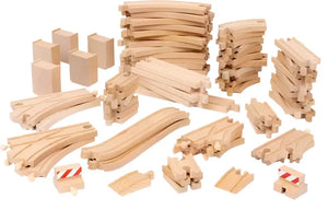 Introducing the BRIO Deluxe Track Pack by Brio, a set of wooden railway pieces designed for your BRIO World train sets. This pack includes straight and curved tracks, connectors, and block accessories, making it perfect for expanding your train track layout while sparking creativity and endless adventures.