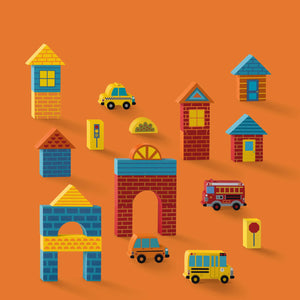 The Build & Play Wood Blocks Busy City set by Crocodile Creek features colorful blocks arranged as buildings and vehicles—like a taxi, school bus, and fire truck—displayed on an orange background.