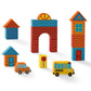 The Build & Play Wood Blocks Busy City set by Crocodile Creek includes vibrant wooden buildings, a school bus, a car, an arch, and a stop sign—perfect for imaginative play on a white background.