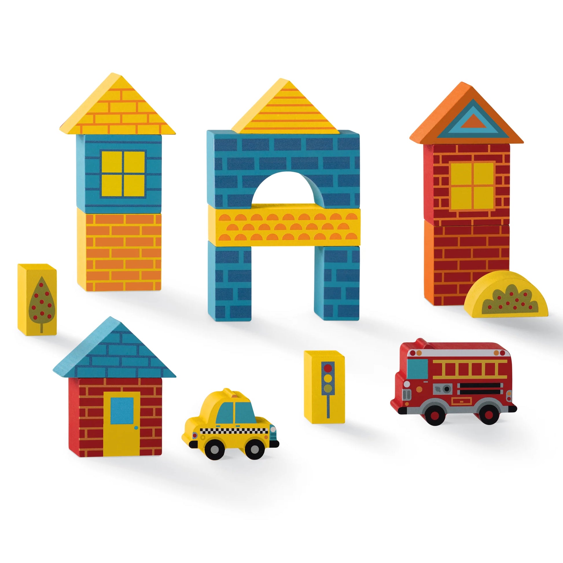 The Crocodile Creek Build & Play Wood Blocks Busy City set features wooden buildings, a tree, a traffic light, a yellow taxi, and a red fire truck on a white background.