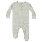 Angel Dear Desert Green Stripe Zip Footie is crafted with soft bamboo fiber, featuring long sleeves and a convenient diagonal zipper from neck to left foot for easy dressing.