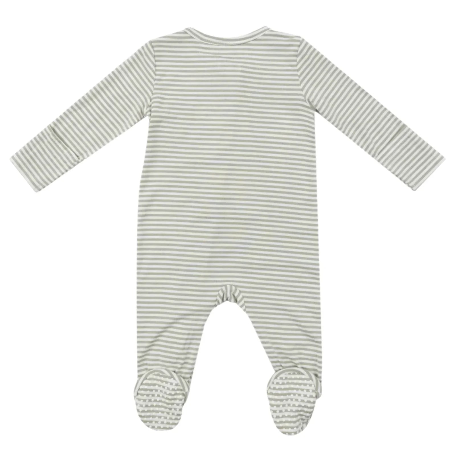 The Angel Dear Desert Green Stripe Zip Footie baby onesie features long sleeves, fold-over cuffs, and footed bottoms with a convenient zipper closure. It is crafted from soft bamboo fiber and is designed in a gray and white striped pattern, as seen from the back.