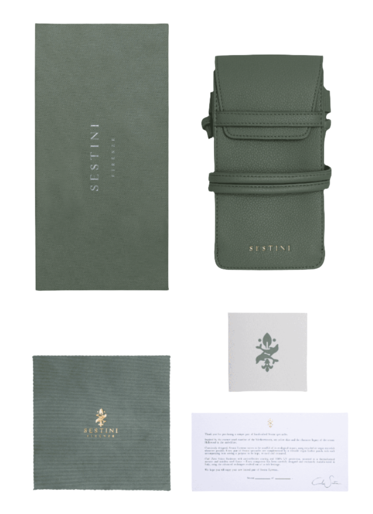 The Sestini Quattro Sunglasses are accompanied by a green leather pouch, ideal for your limited-edition shades, and include a branded dust cloth, an instruction card, and a product information pamphlet.