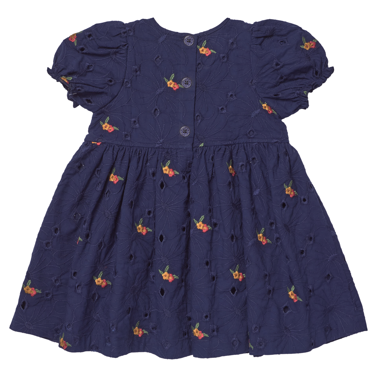 Pink Chicken Girls' Eliza Eyelet Embroidery Dress in navy features short puffed sleeves, delicate floral embroidery, eyelet details, and button closure down the back. Displayed on a plain background, this charming dress is perfect as a fall outfit for girls for any occasion.