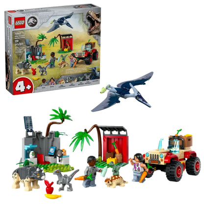 The LEGO® Jurassic World Baby Dinosaur Rescue Center includes human and baby dinosaur figures, a red vehicle, plants, a building, and a flying dinosaur. The assembled set is shown with its box.