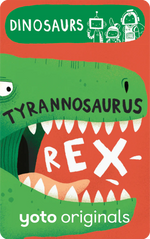 The cover shows a green dinosaur labeled "Tyrannosaurus Rex" with an open mouth. Above it is the title "Dinosaurs," featuring cartoon BrainBots. The bottom text reads "Yoto Originals." Product: Yoto Card: BrainBots: Dinosaurs by Yoto.