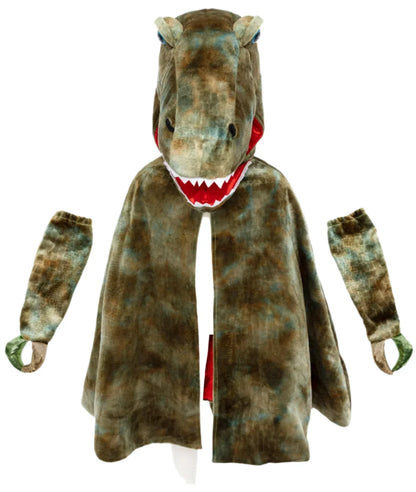 The Great Pretenders Grandasaurus T-Rex Cape with Claws is a green and brown costume featuring a Halloween-themed cape with an attached hood and detached sleeves. The hood displays the dinosaur's face, complete with an open mouth and teeth.