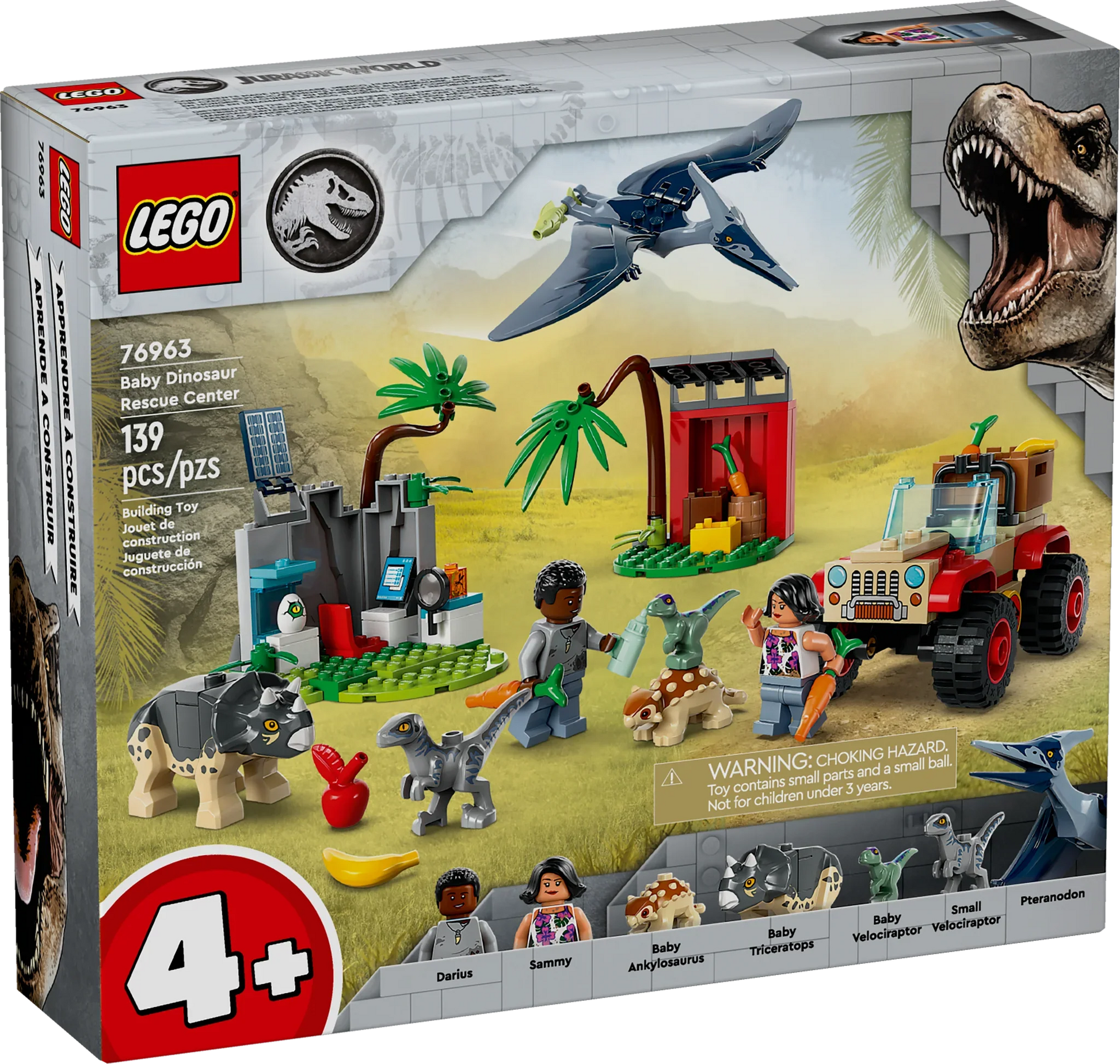The LEGO® Jurassic World Baby Dinosaur Rescue Center includes cute baby dinosaur figures, minifigures, a jeep, and a rescue center scene with 139 pieces. Ideal for ages 4+.