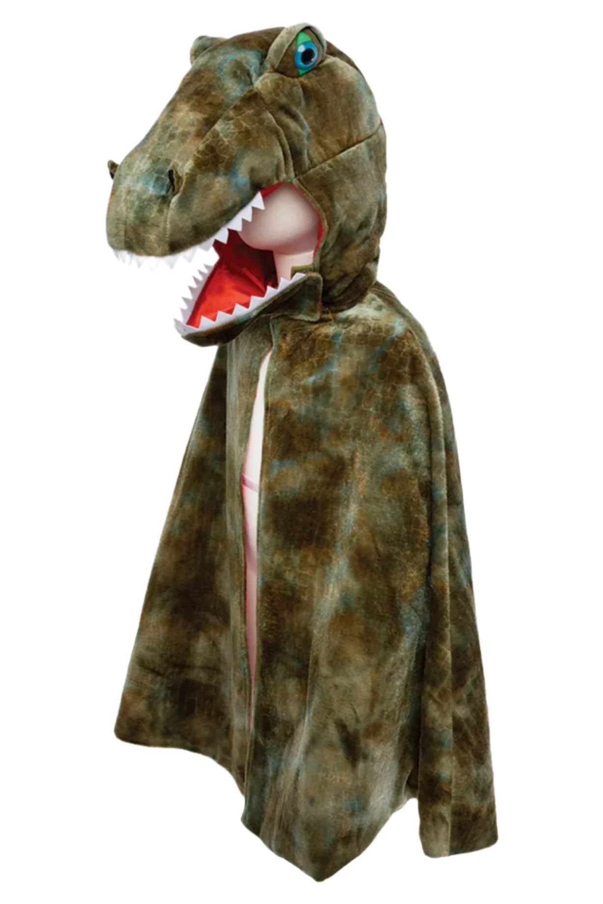 A person is wearing the Great Pretenders Grandasaurus T-Rex Cape with Claws, featuring a large headpiece that resembles a T-Rex's head with an open mouth, white teeth, and blue eyes—perfect for Halloween.