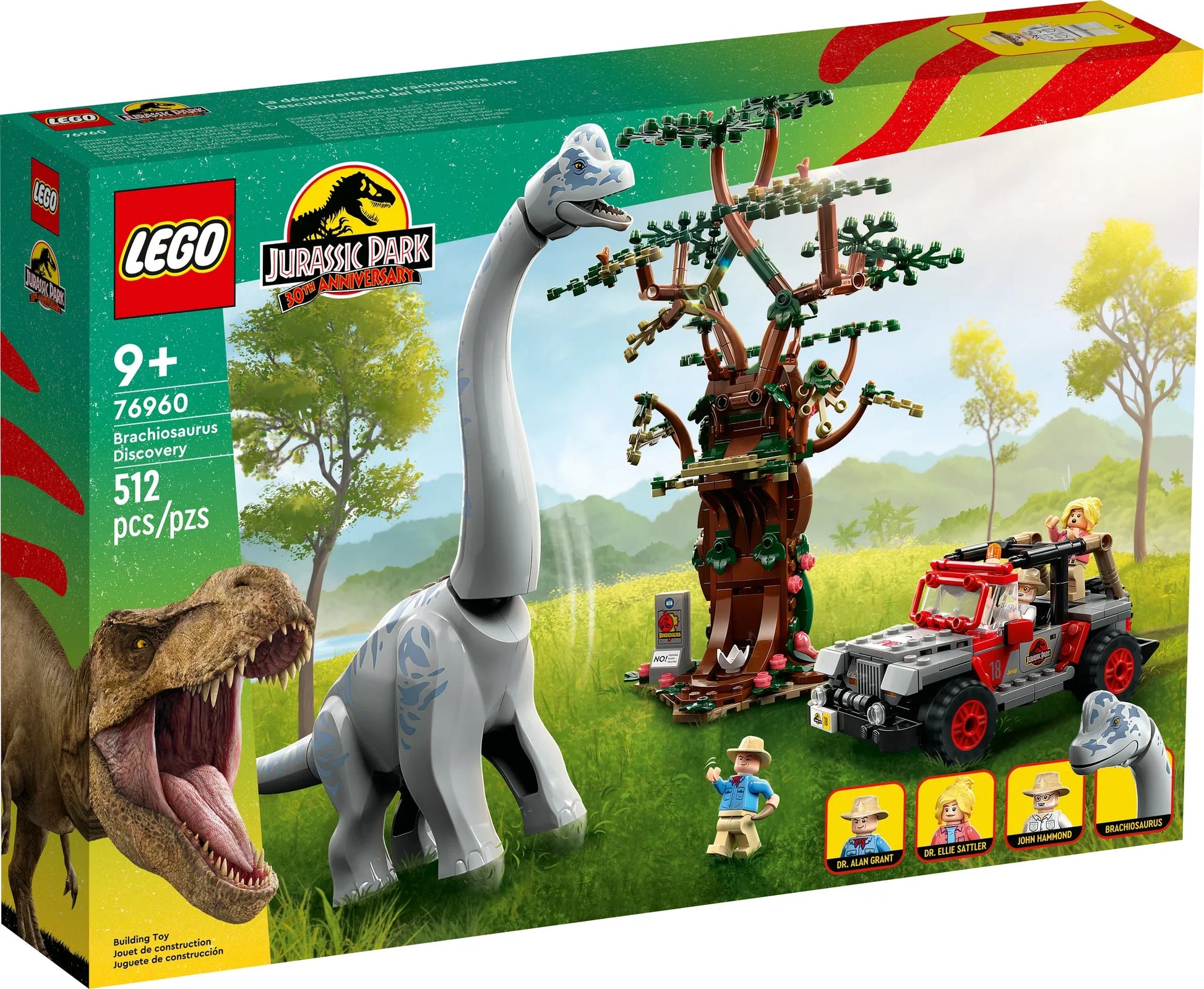 The LEGO® Jurassic Park Brachiosaurus Discovery Building Toy Set by Legos - Toyhouse, with 512 pieces, features a majestic Brachiosaurus, a detailed tree, and a rugged off-road vehicle. It is perfect for children ages 9 and up.