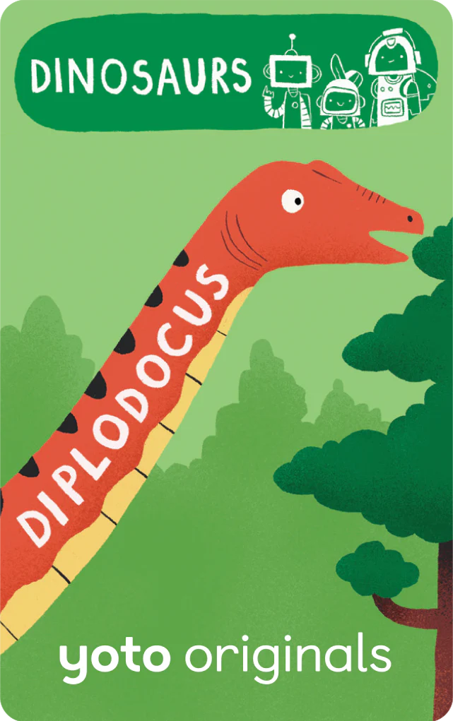 A Yoto Card features a diplodocus stretching toward tree leaves beneath a green "DINOSAURS" banner, celebrating paleontology wonders. "Yoto Originals" and playful BrainBots details appear at the bottom.