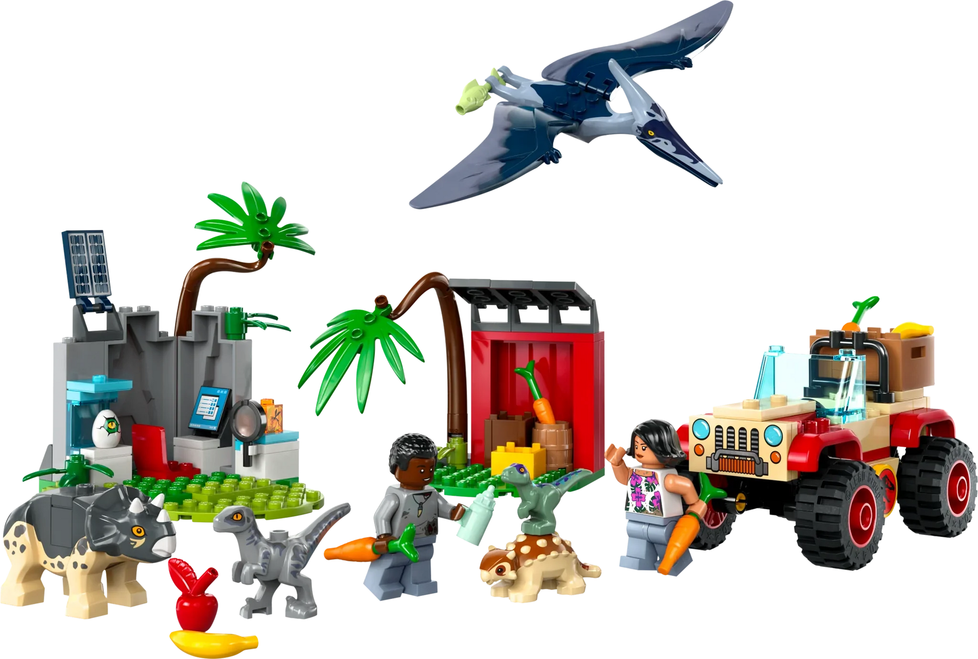 The LEGO® Jurassic World Baby Dinosaur Rescue Center includes two figures, three small dinosaurs (with a baby dino), a pterodactyl, red jeep, plants, and a small shelter with accessories for exciting dinosaur-themed play.