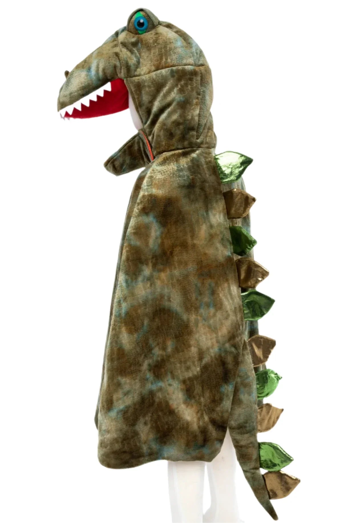 A child wearing the Great Pretenders Grandasaurus T-Rex Cape with Claws, a green dinosaur costume featuring a hood with a detailed dinosaur face complete with teeth and eyes, and a back adorned with green triangular spikes. Perfect for Halloween!