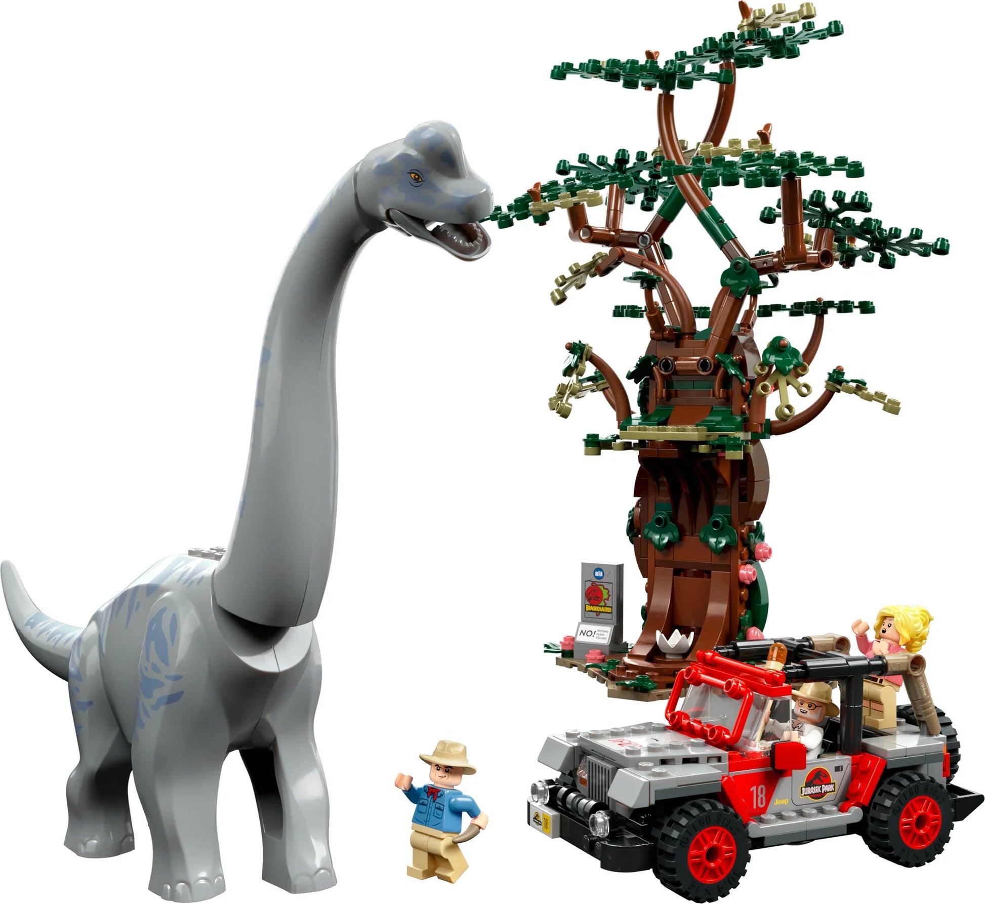 Dive into the thrill of LEGO® Jurassic Park with the Brachiosaurus Discovery Building Toy Set from Legos - Toyhouse. This set features a large gray dinosaur, two minifigures, a tree, and a red and gray off-road vehicle. Perfect for adventure seekers and dinosaur enthusiasts alike!